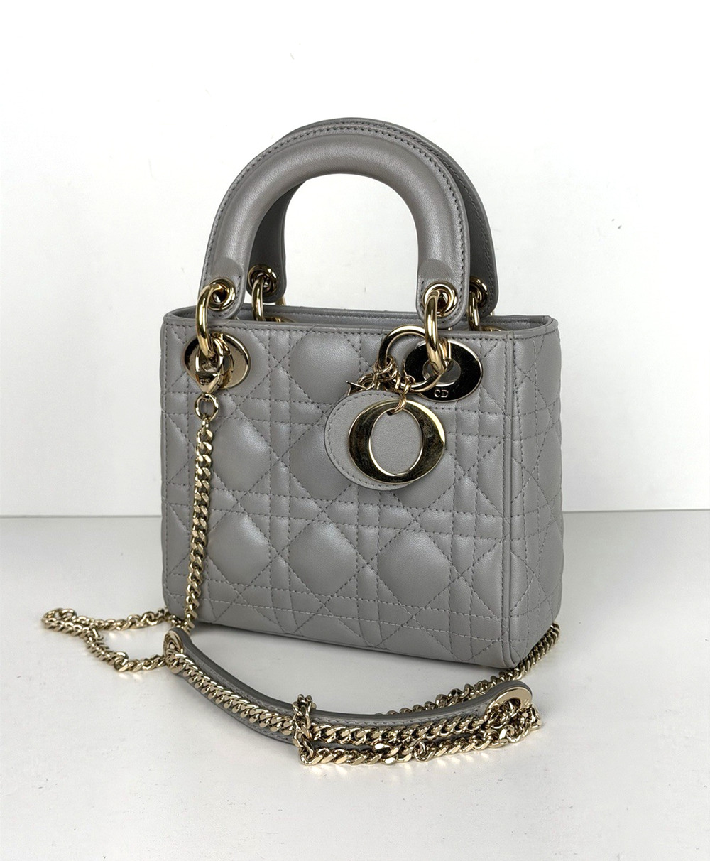 Christian Dior Mini Top Handle Bag in Gray Quilted Lambskin Leather 2020 U2